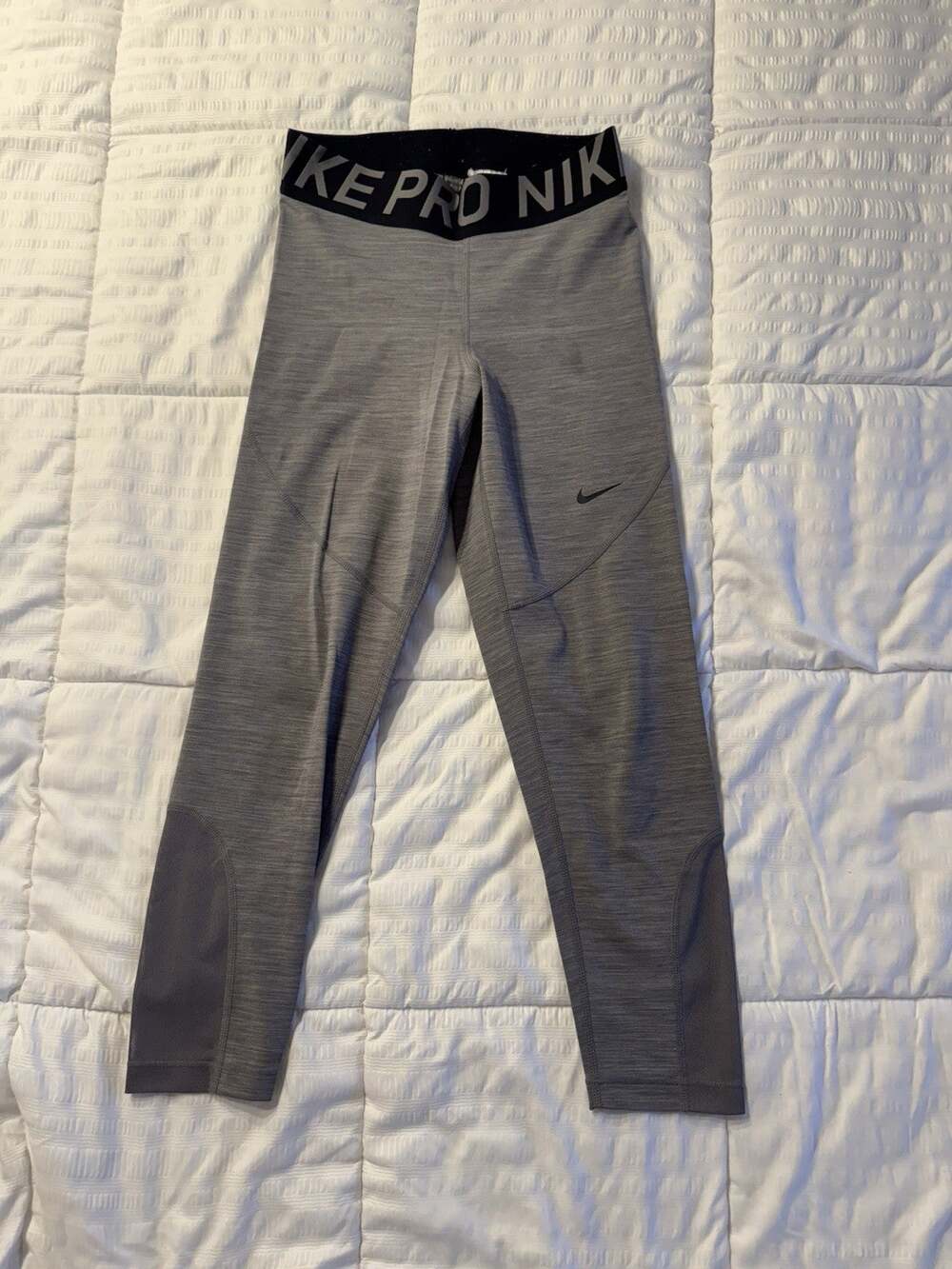 Nike Pro Dri-FIT Heather Gray Leggings Black Logo Waistband Tight Pants Fitness